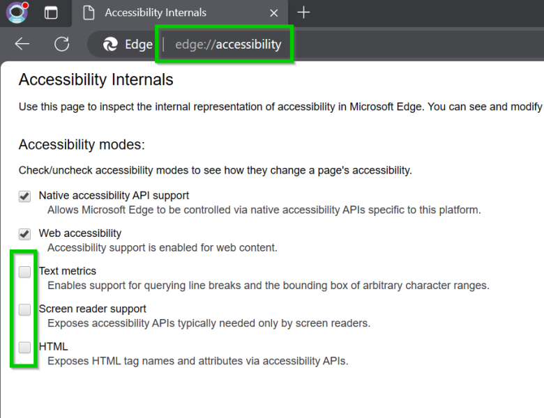 Open edge://accessibility, and then disable Text metrics, Screen reader support and HTML